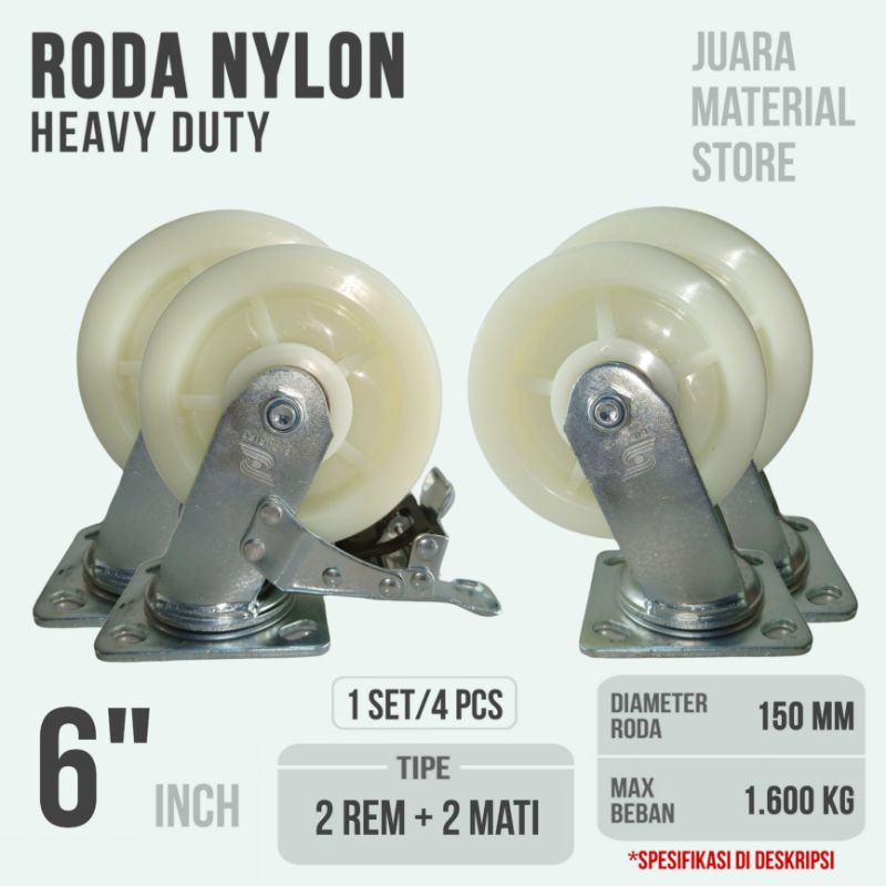 Jual Roda Trolly 6 Inch 150 mm Nylon Heavy Duty isi 4pcs (2 Rem + 2 ...