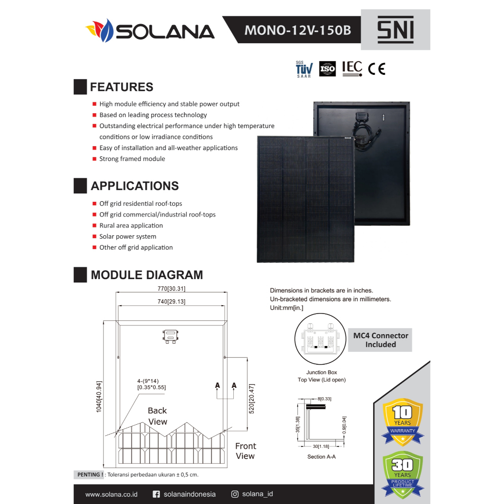 Jual SOLANA 150WP MONO BLACK 12V SOLAR CELL / PANEL SURYA 12 V 150 WP ...
