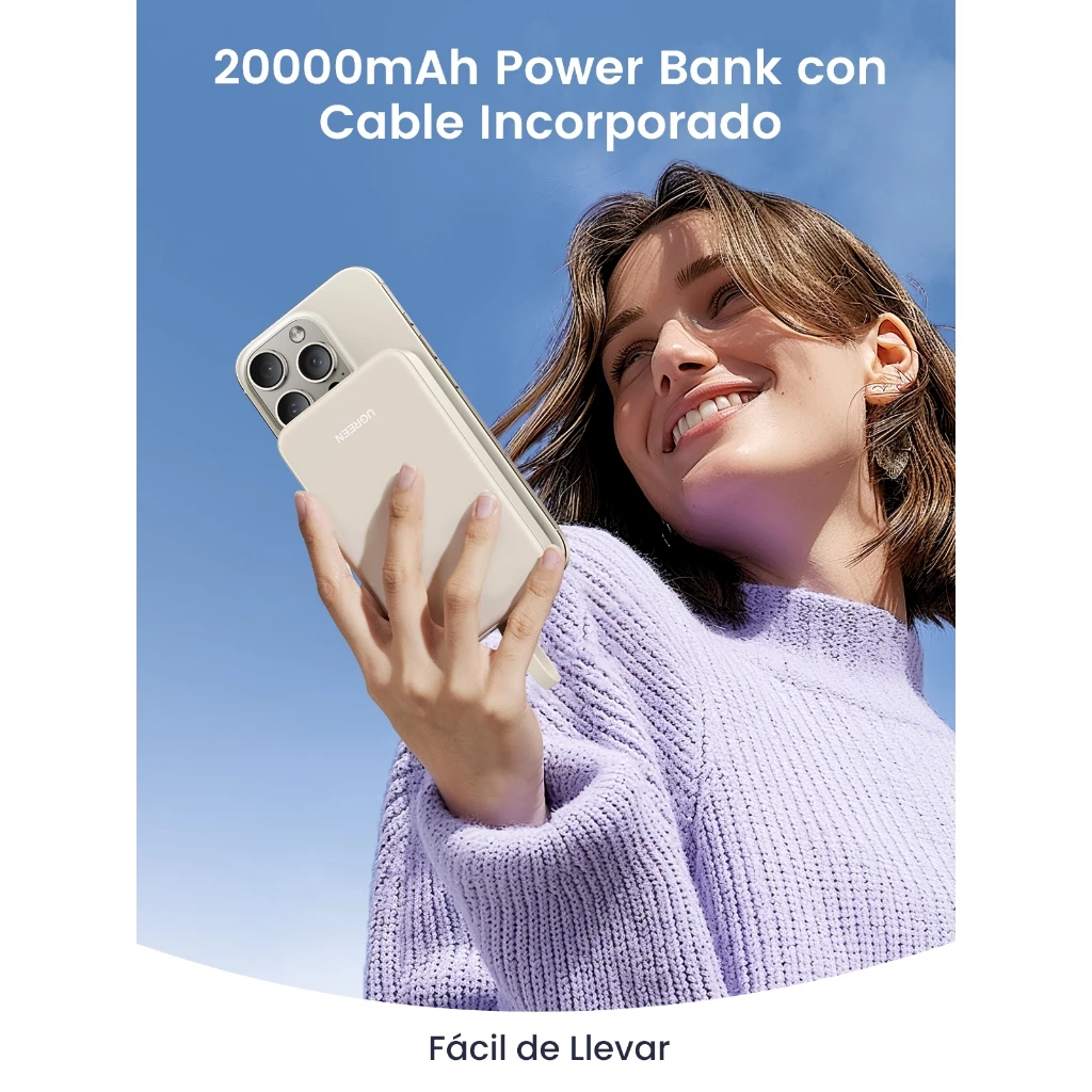 UGREEN Power Bank 20.000mAh PD QC 3.0 Fast Charging 22.5W LED Built in Cable Type C 35340