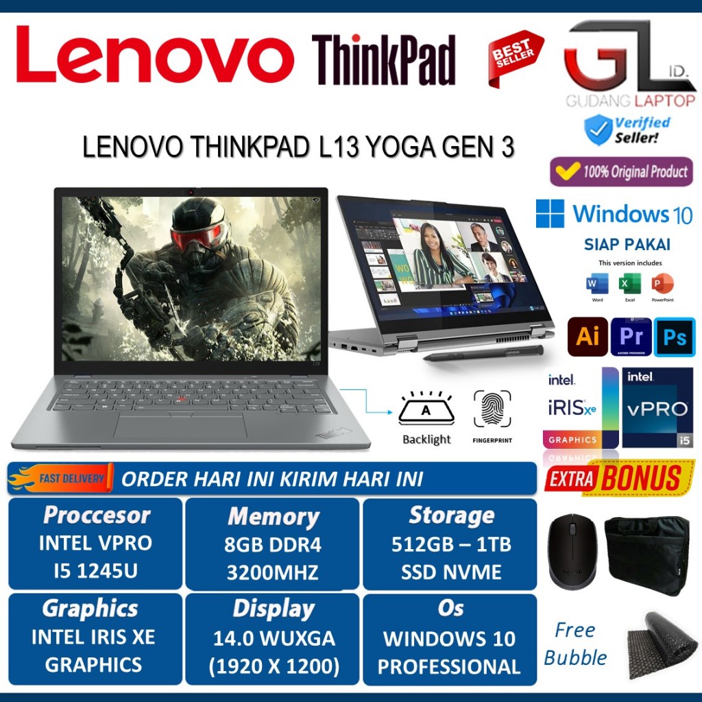 Jual Laptop Lenovo Thinkpad L13 Yoga Gen 3 Intel vPro i5 1245U RAM 8GB ...