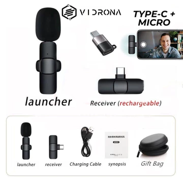 VIDRONA Mic Wireless Clip On Microphone Lavalier HP Plug Play Mic Konten Vlog Video Streaming