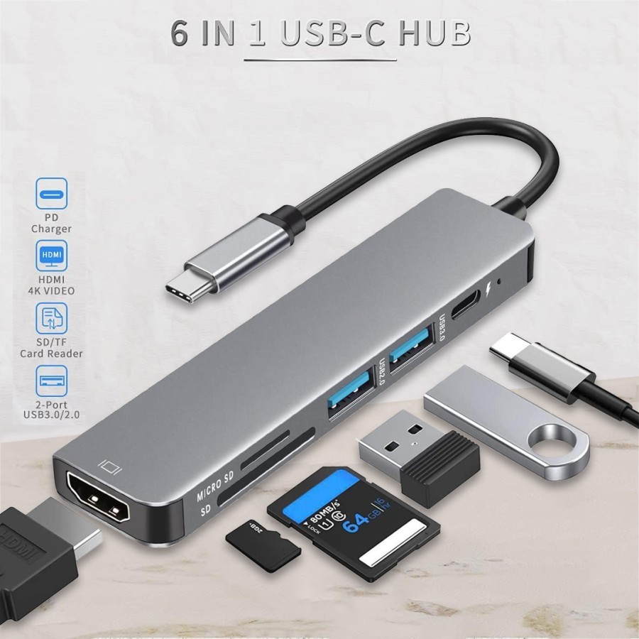 Jual USB Type-C HUB 6 in 1 USB 3.0, HDMI 4K, Cardreader, USB