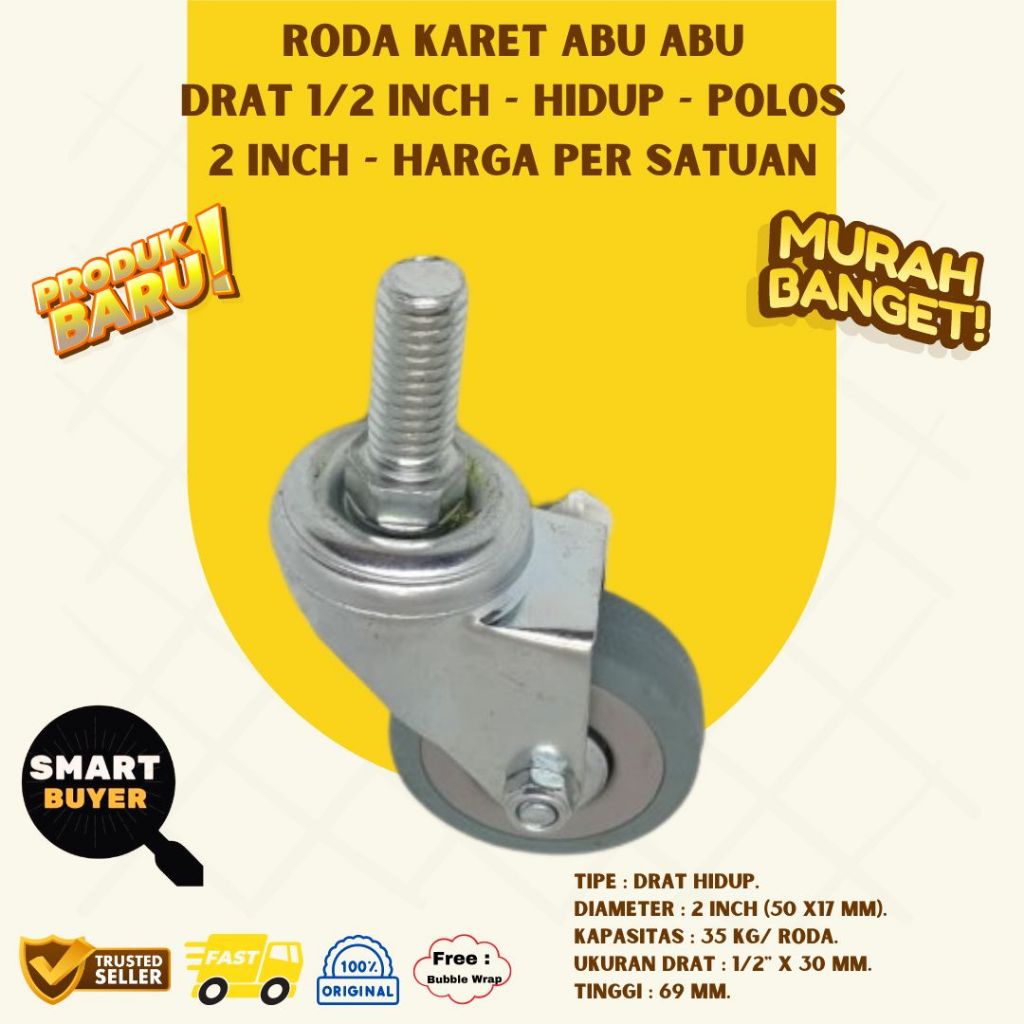 Jual TRJ 2 Inch Roda Karet Abu Abu Drat 1/2 Inch Hidup Polos | Shopee ...