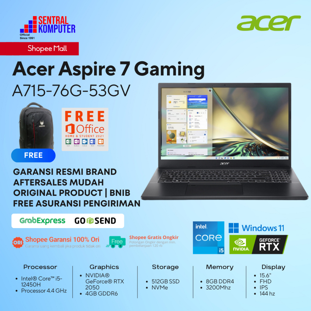 Jual ACER ASPIRE 7 GAMING GeForce RTX 2050 - i5 12450H 8GB 512SSD