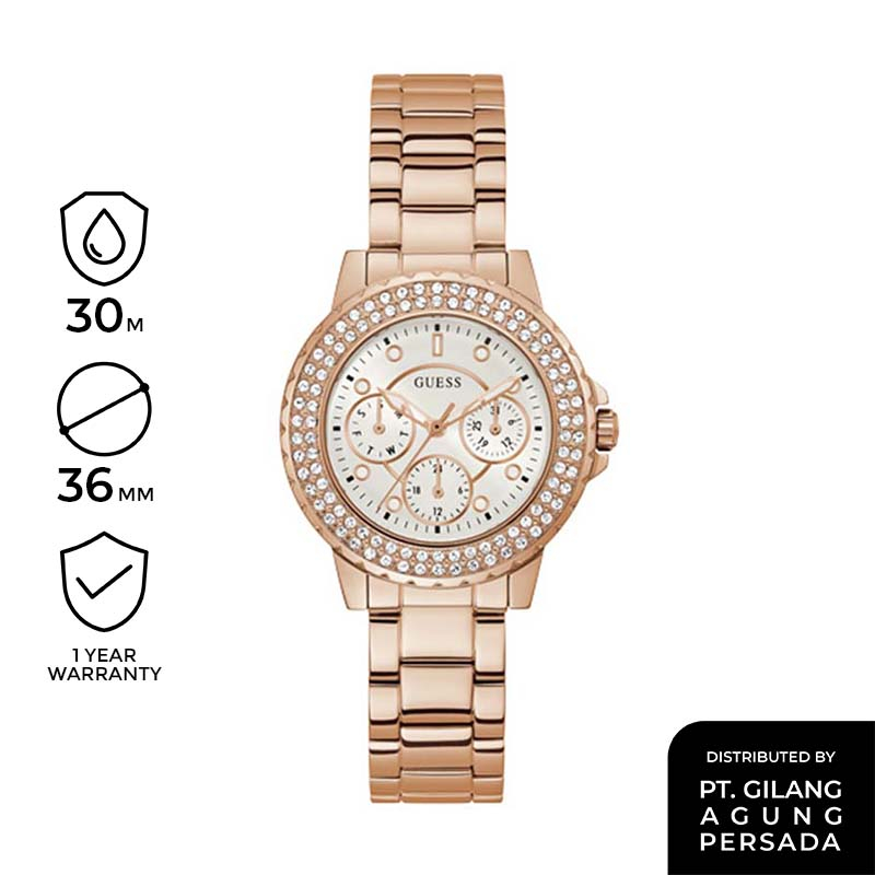 Guess Crown Jewel Multifunction Diamonds White Dial Rose Gold Steel Strap Watch For Women - GW0410L3