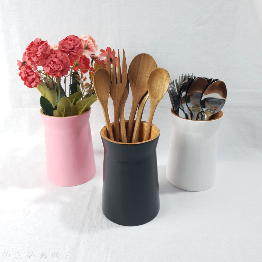 Jual Lusiosb Tempat Sendok Garpu Kayu Bulat Utensil Holder Shopee Indonesia 6019