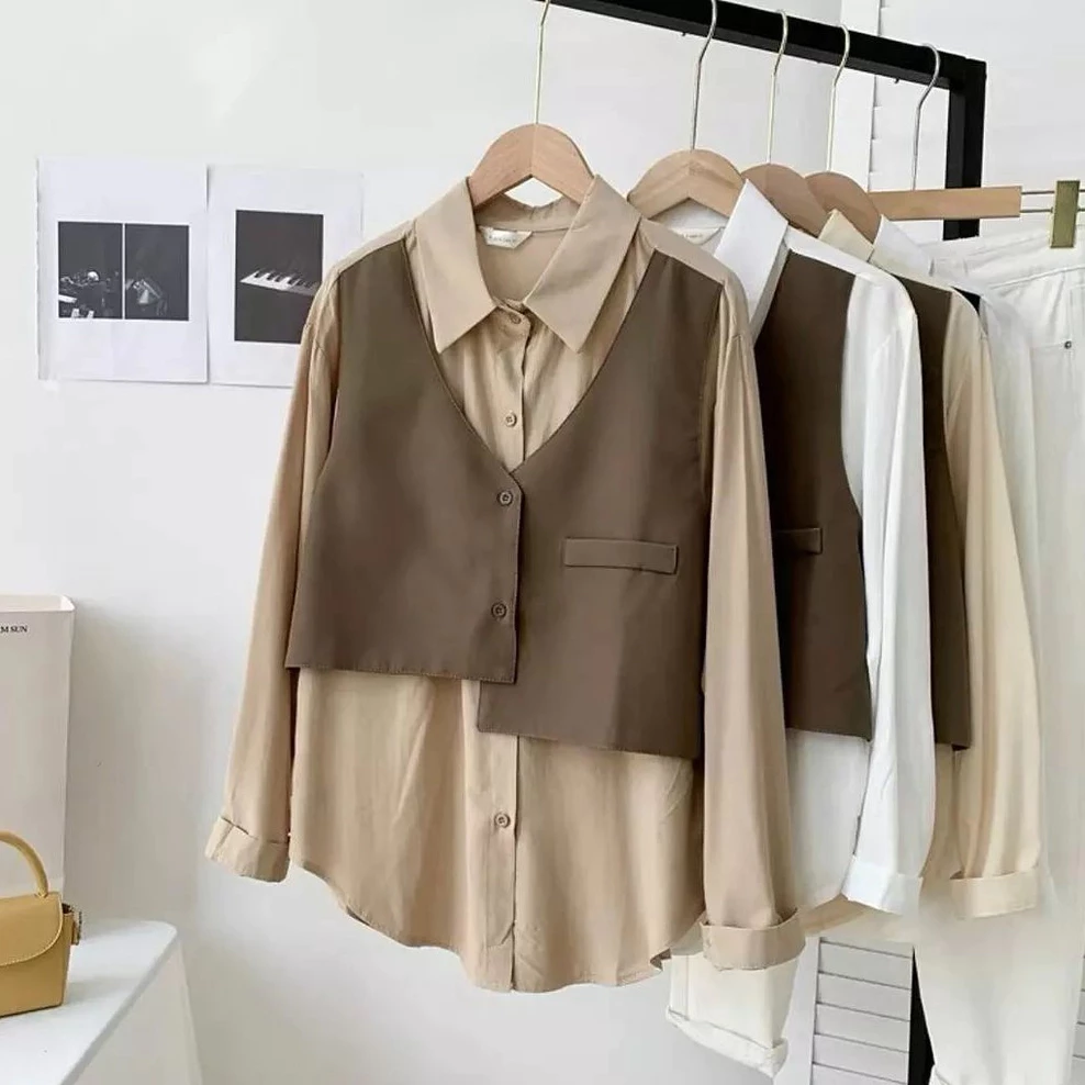 Vallina Outfit - Wafel Hem Shirt Atasan Kemeja Match Vest Blouse Korean Remaja Wanita Premium