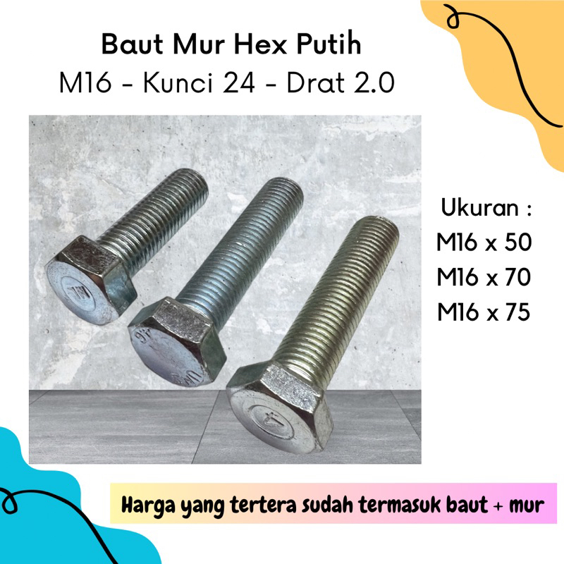 Jual Baut Mur Hexagon Putih M16 Kunci 24 Drat 2.0 | Baut Mur Hex M16 ...