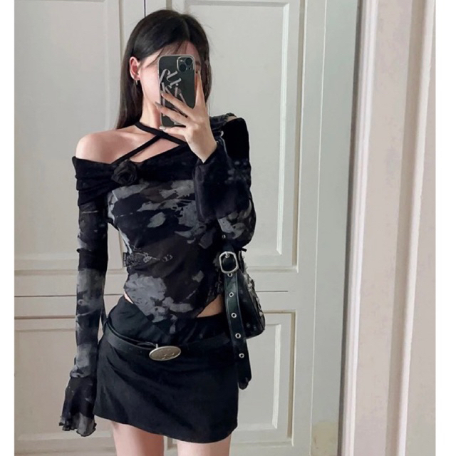 Jual Talia Tie Dye Long Sleeve Mesh Top Flower Pattern Flare Sleeves