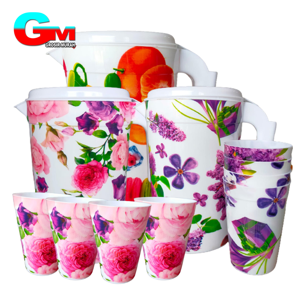 Jual Teko Plastik 5in1 Motif Bunga Dan Buah Teko Jug Plastik Motif Set Gelas Teko Set Gelas