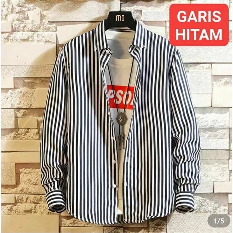 Jual baju kemeja ganjar bahan premium / baju kemeja garis hitam putih