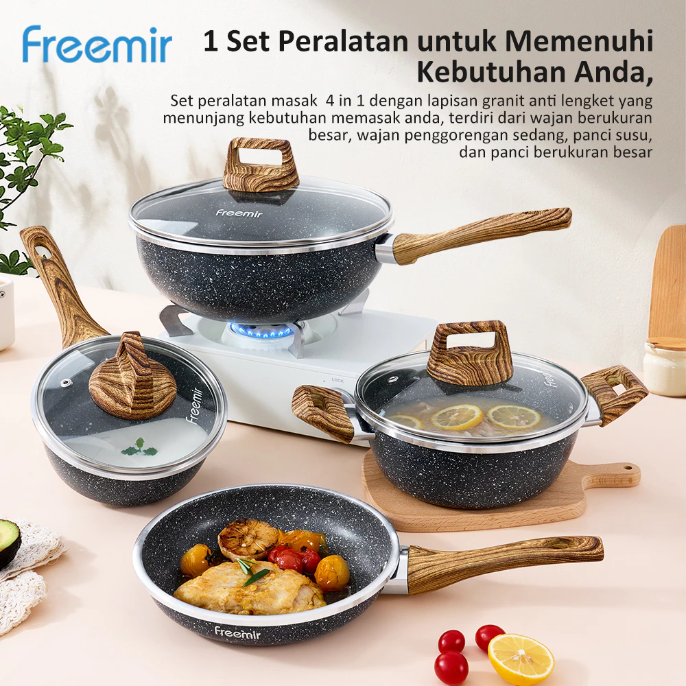 Freemir Set 7 Pcs Wajan Panci Anti Lengket 26/20/20/16cm Lapisan Granit Alat Masak