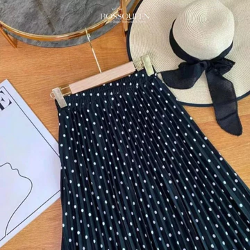 Rok Plisket Panjang Wanita Motif Polkadot Kecil Rok Polca Maxi Skirt A Line Rok Onde