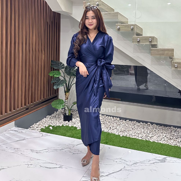 Shasa Silk Dress Kimono Style Long Dress Satin Kondangan Bridesmaid Kaftan Ikat M L XL XXL