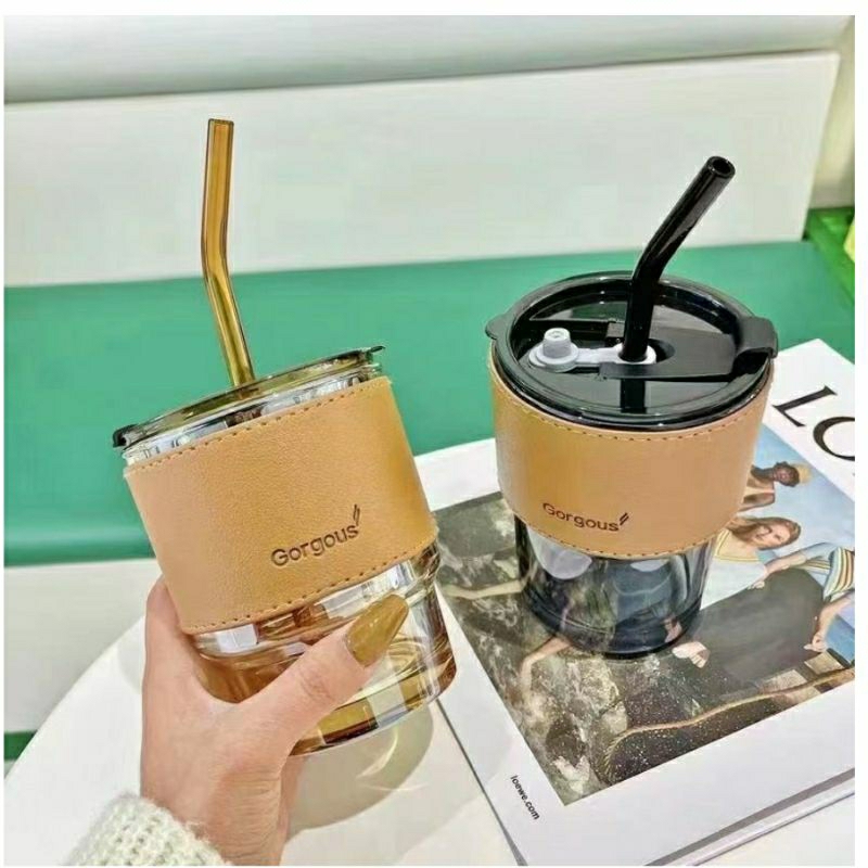 Jual Gelas Kaca Tumbler Aesthetic Coffee Cup Mug Gelas Minum Simple Elegan 400ml Sedotan 7608