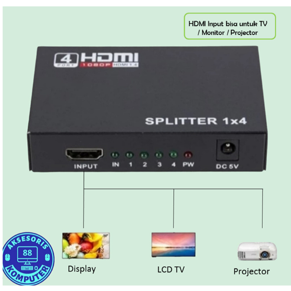 Jual HDMi Splitter 4 Port / Splitter Colokan 4 output 1x4 Port HUB HD 4K 1080P 3D Split 1 in 4