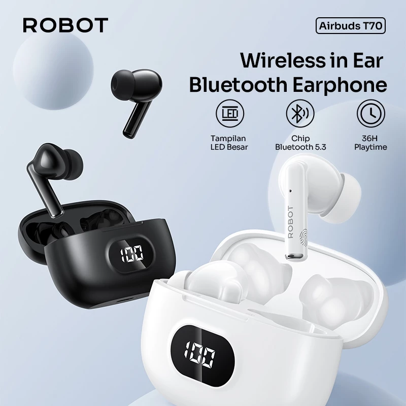 Robot True Wireless Earbuds Deep Bass TWS Bluetooth 5.3 Smart Control HD Call Earphone Airbuds T70 Original - Garansi 1 Tahun