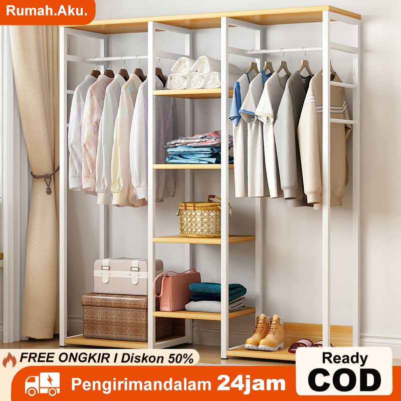 Jual Rak Gantungan Baju Besi Terbuka Rak Baju Kayu 5 Susun Stand Hanger