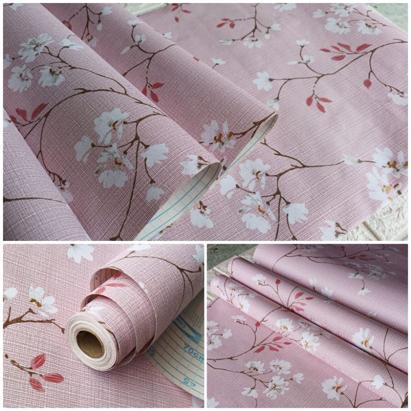 Jual Wallpaper Sticker Dinding Bunga Sakura Dasar Pink Daun Merah