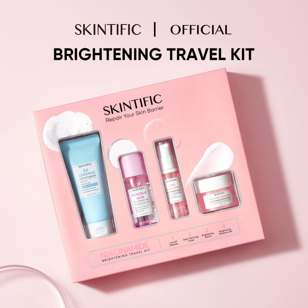 SKINTIFIC 5X Ceramide Travel Kit / Brightening Travel Kit / Brightening Kit - Skincare Paket Moisturizer + Cleanser + Toner + Serum Sunscreen Start Kit