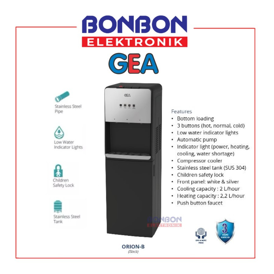 Jual GEA Dispenser Galon Bawah ORION Kompresor Hitam / Black | Shopee ...