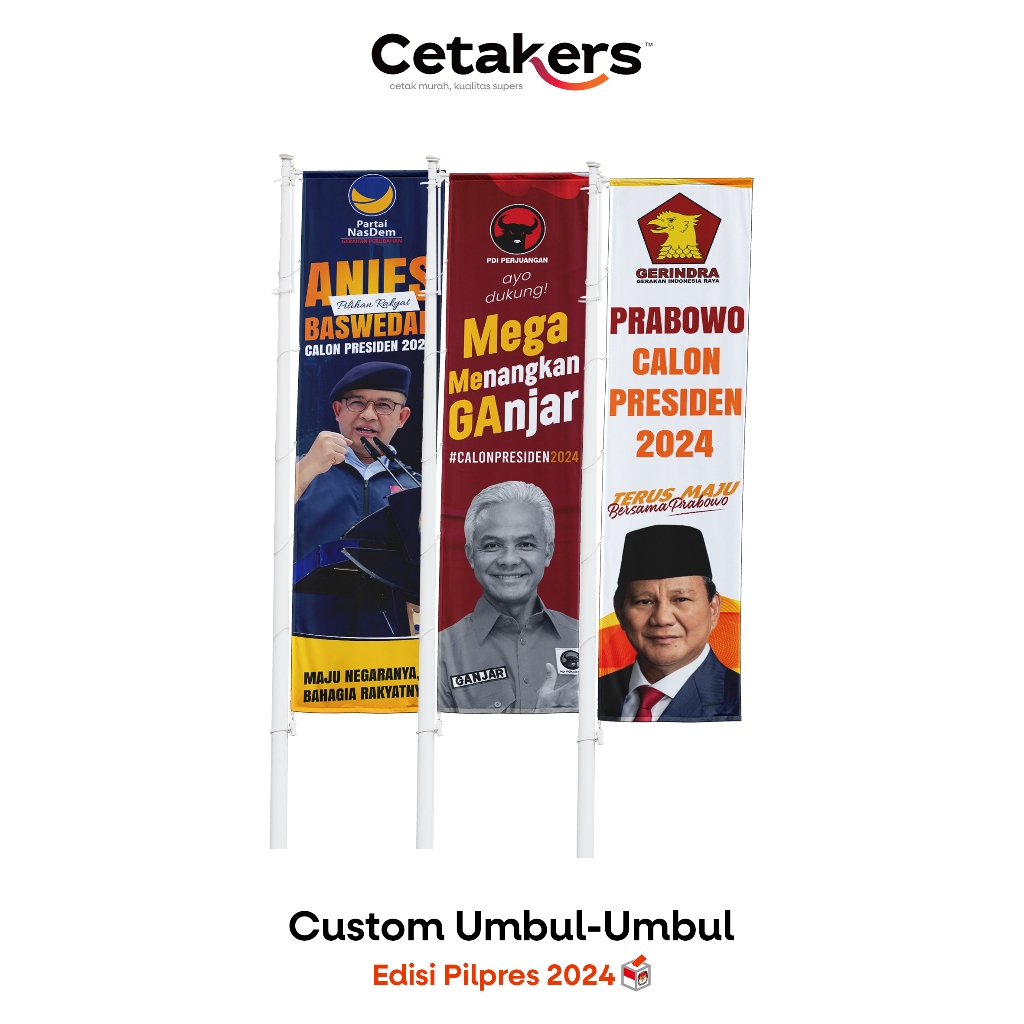 Jual CETAK BENDERA UMBUL UMBUL KAMPANYE PILPRES CUSTOM BAHAN TC SATIN TEKSTIL PARTAI