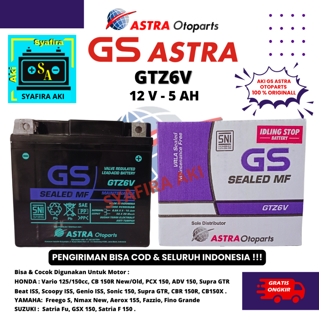 AKI HONDA VARIO 125/150,CB150R,SONIC 150,SATRIA FU GS GTZ6V 5AMPER