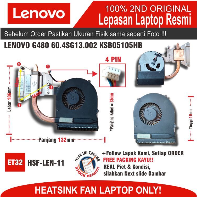 Jual ET32 HSF-LEN-11 Heatsink FAN LENOVO G480 60.4SG13.002 KSB05105HB ...
