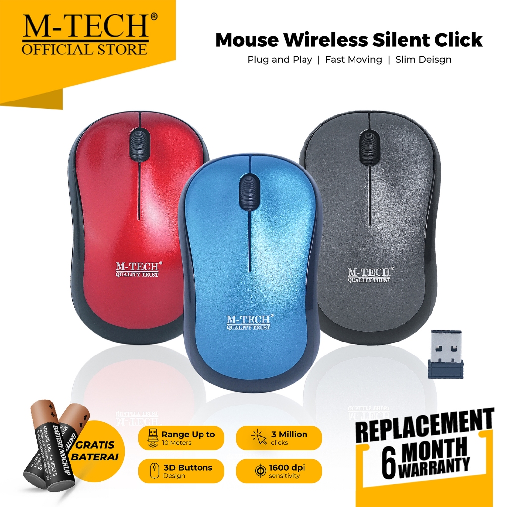 Jual MTECH Mouse Wireless W90 Silent Click 1600 DPI Gratis Baterai M ...