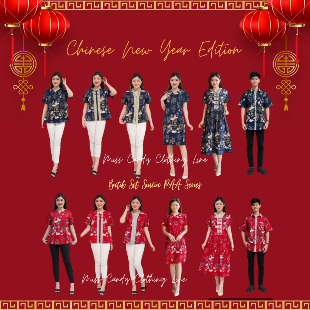 Jual Seragam Couple Batik Set Kemeja Atasan Dress Cheongsam Batik Imlek Sincia Merah Navy Paa 