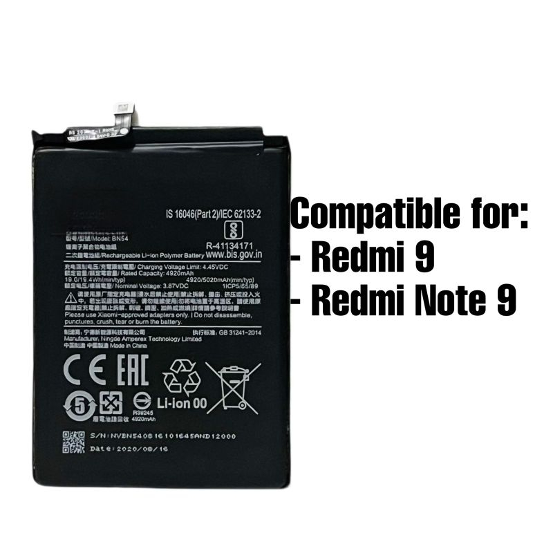 Jual BATERAI BN54 COMPATIBLE FOR REDMI 9 / REDMI NOTE 9 5020MAH ...