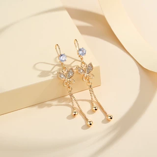 Lanme Jewelry Anting Panjang Wanita Titanium Lapis Emas Terbaru Anting Kupu-Kupu Berlian Liontin Fashion Aksesoris Korea LM178