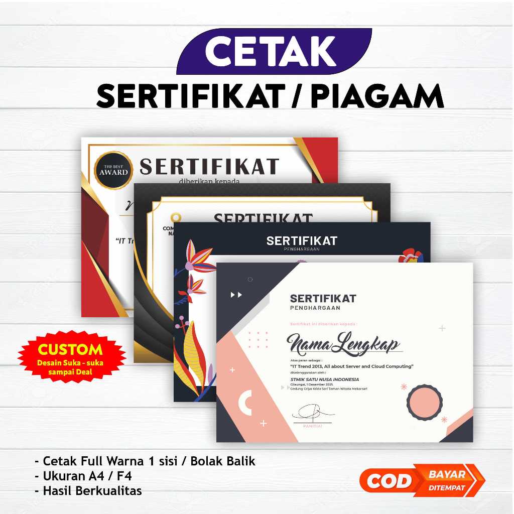 Jual Cetak Piagam & Sertifik4t Penghargaan Tinta anti luntur ukuran A4 ...