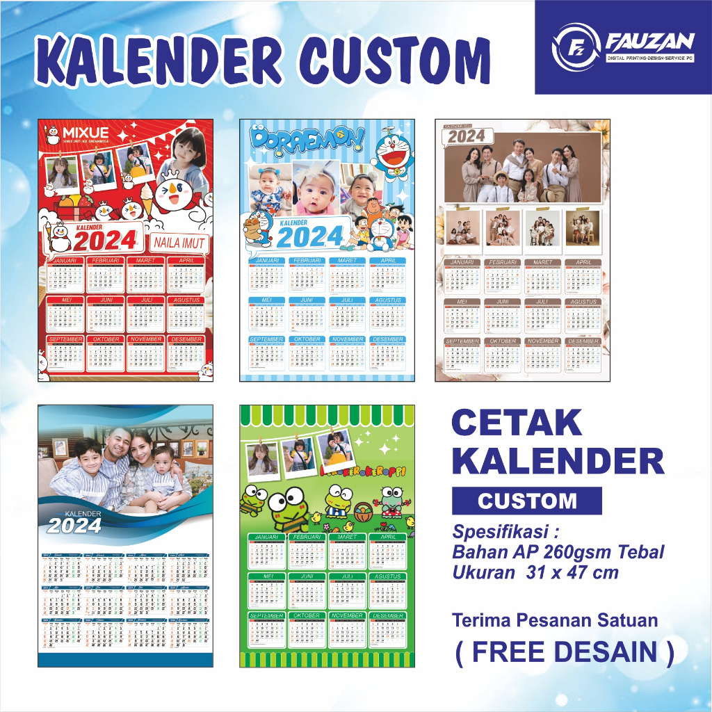 Jual Kalender Custom 2024 Desain Custom Bahan Tebal Awet AP 260 GSM ...