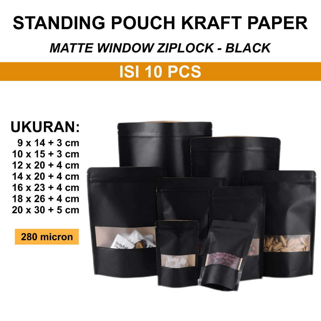 Jual Aigootan Isi Standing Pouch Window Black Plastik Ziplock Kraft Paper Hitam Doff