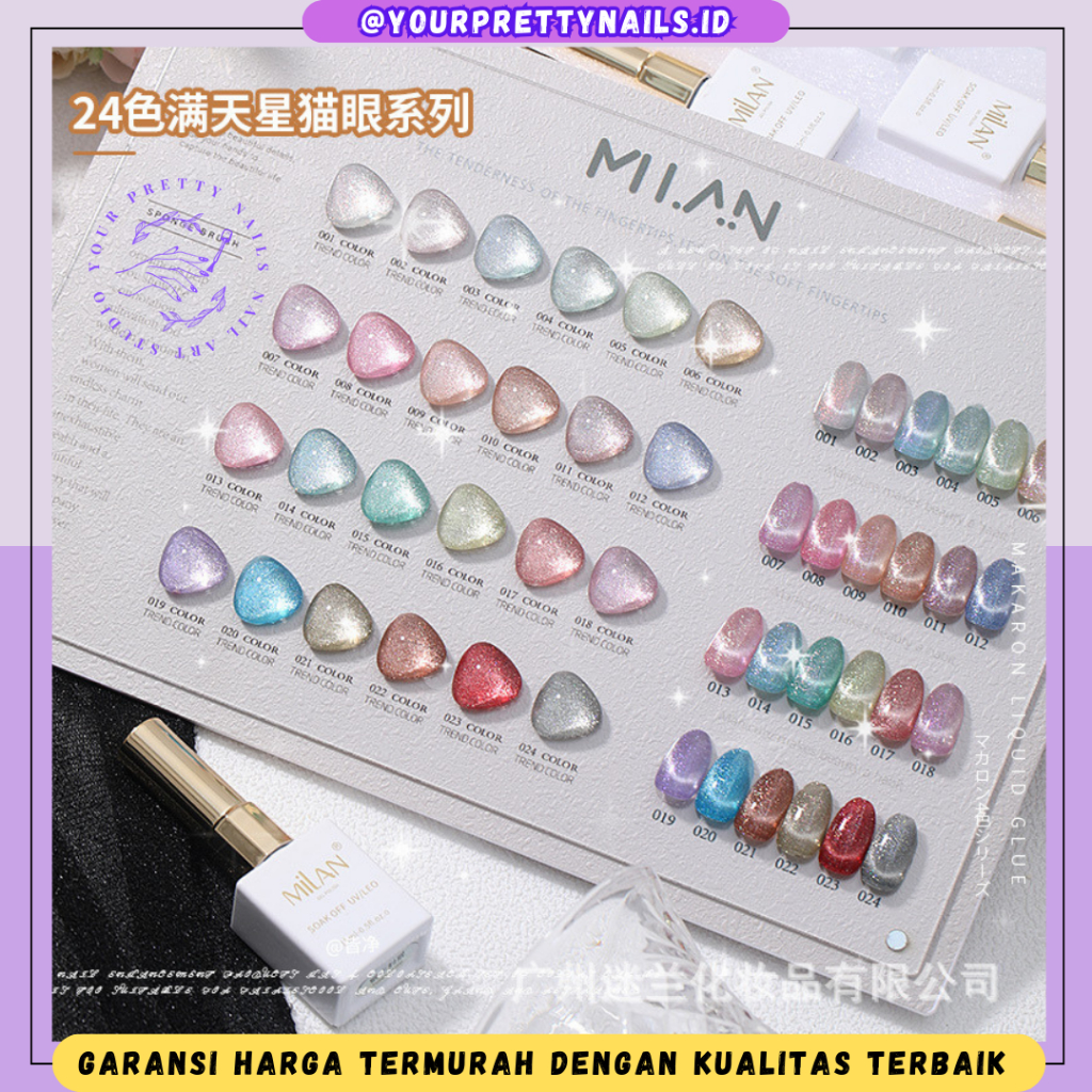 Jual MILAN 24 COLORS 1 SET CAT EYE FLASH GLITTER NAIL GEL POLISH KUTEK ...