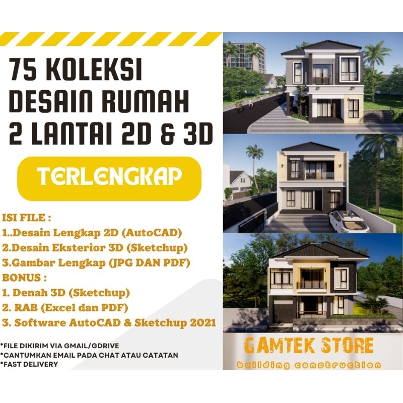 Jual 75 KOLEKSI DESAIN RUMAH 2 LANTAI 2D DAN 3D BERBAGAI MACAM UKURAN