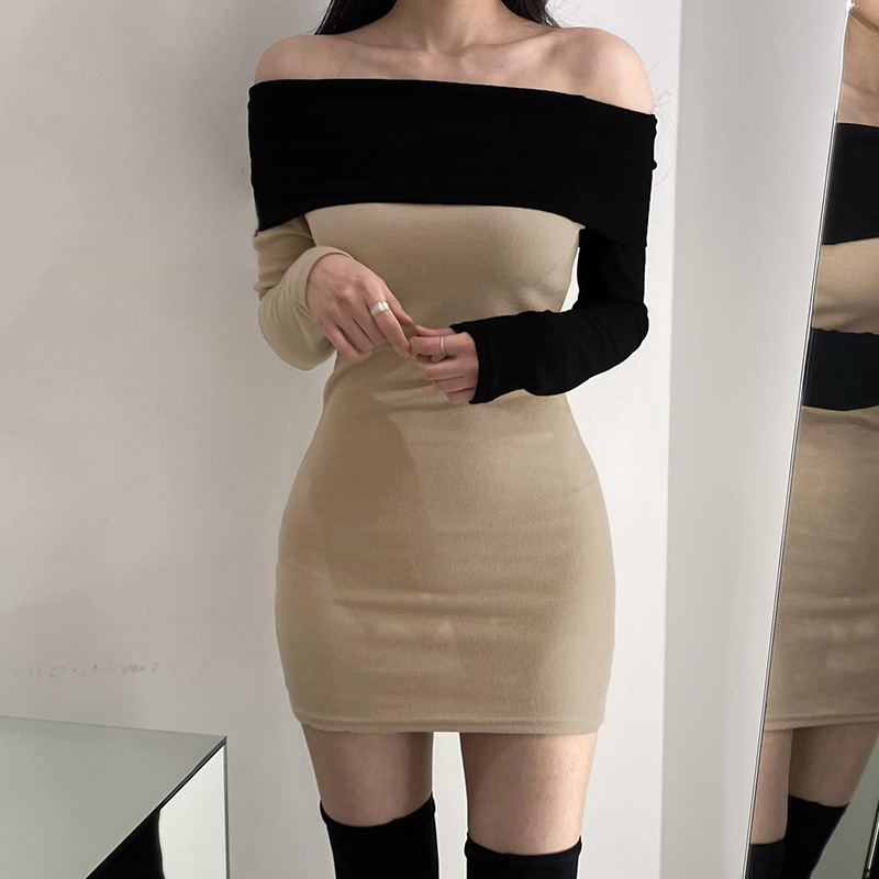 Jual Korean Bodycon Sexy Dress Autumn One-Shoulder Slimming Color ...