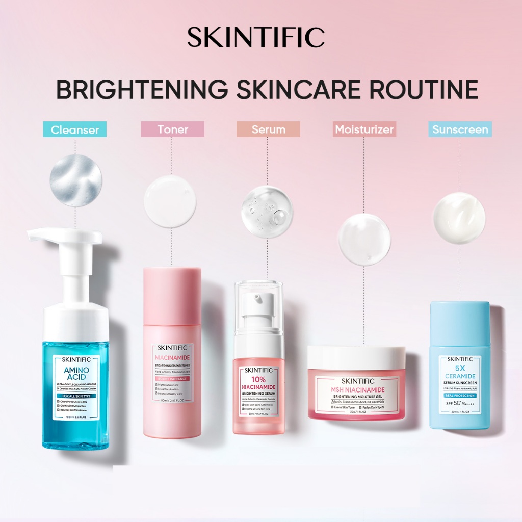 5PCS Packet SKINTIFIC 5pcs with sunscreen - Paket Skincare Low pH Cleanser + Moisture Gel + Serum Sunscreen + Exfoliating Toner / Soothing Toner + Brightening Serum / Anti Acne Serum / Barrier Serum / Hydrating Serum