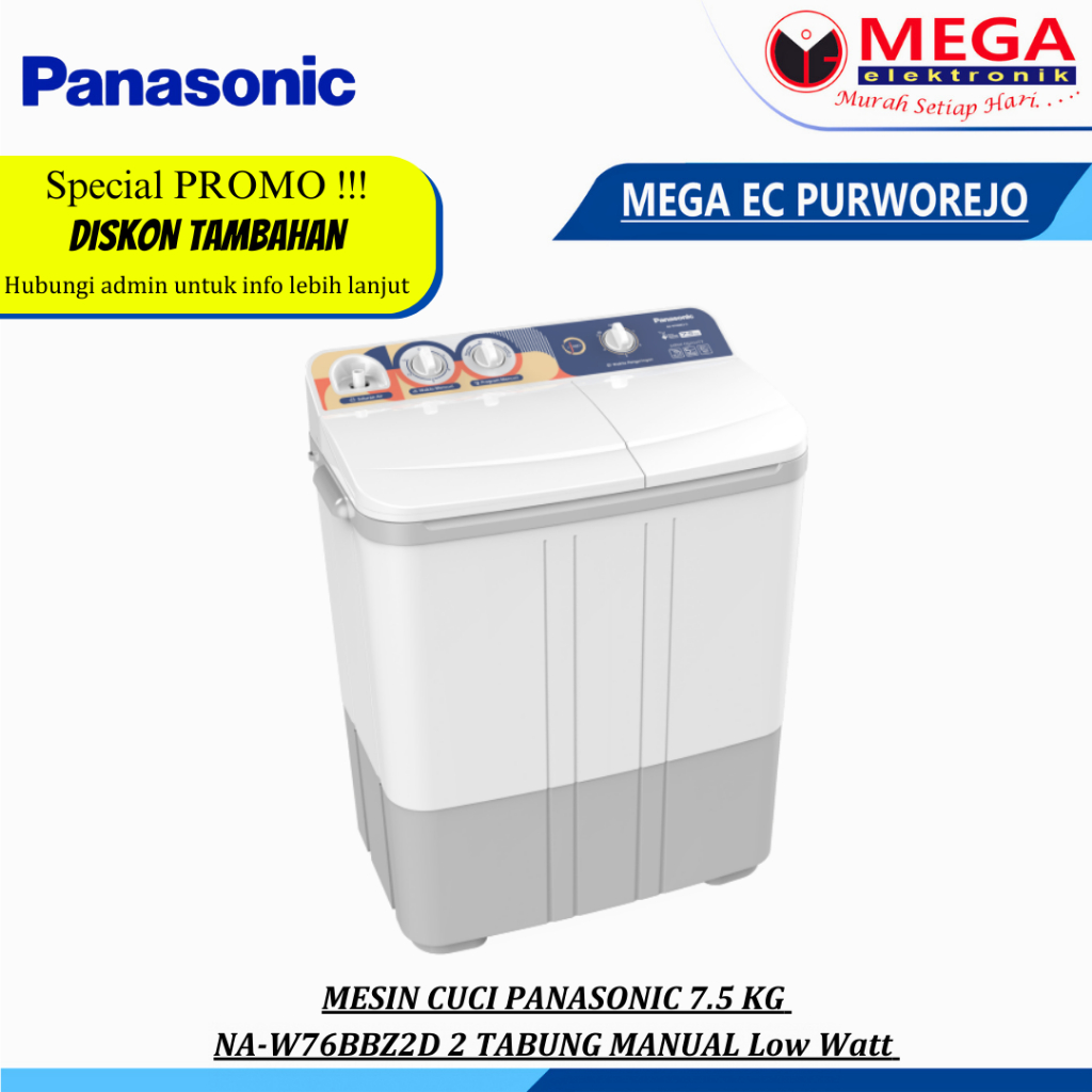 Jual MESIN CUCI PANASONIC 7.5 KG NA-W76BBZ2D 2 TABUNG MANUAL Low Watt ...