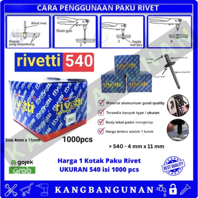 Jual Paku Rivet Rivetti 540 Size 4mm x 11mm isi 1000pcs | Shopee Indonesia