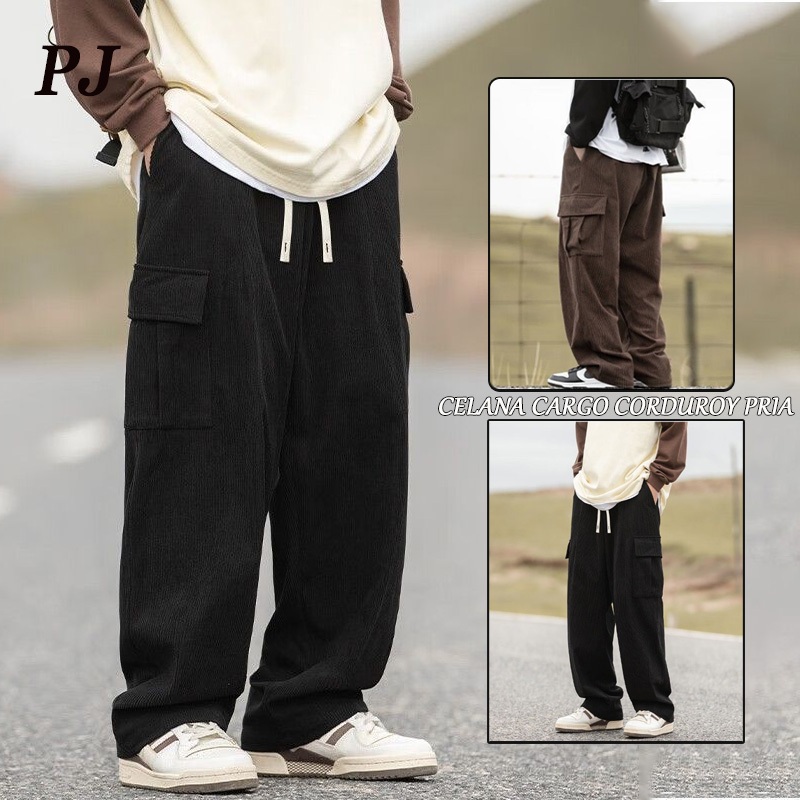 Jual celana longgar Pants Cargo Panjang Corduroy hitam Celana