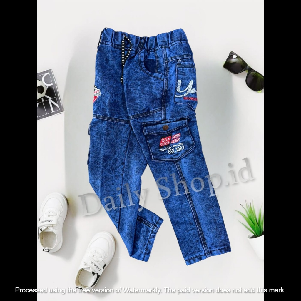 Jual Celana Cargo Jeans Panjang Anak Laki2 Full karet Warna Biru Bahan