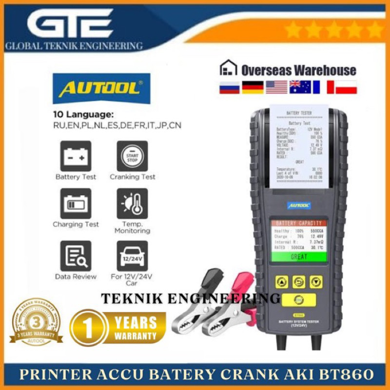 AUTOOL BT-460 - Comprobador de Carga de batería para Coche (12 V/24 V), BT-660-Printer