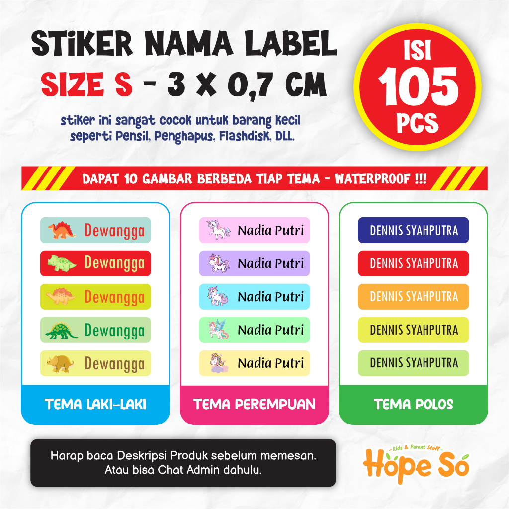 Jual Stiker Label Nama Custom Waterproof Ukuran S (Isi 105 pcs) - HOPE ...