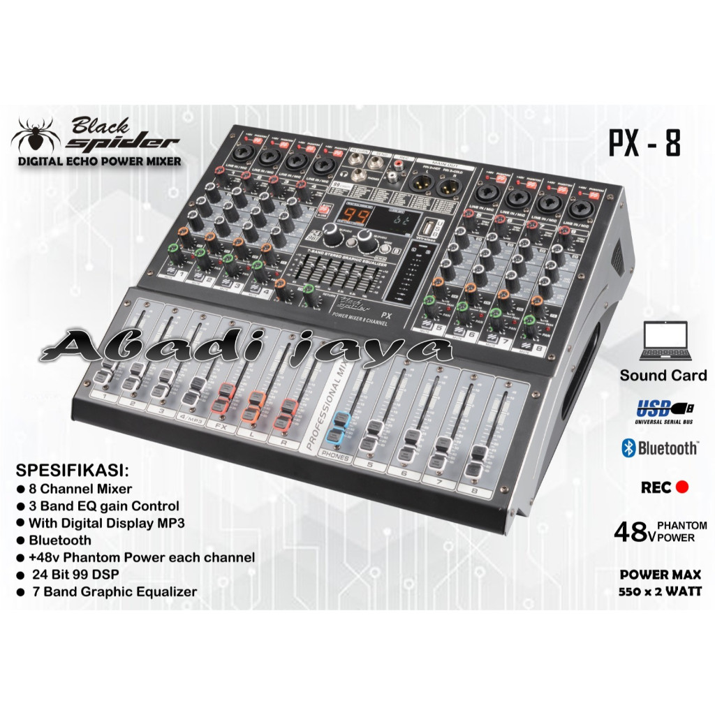 Jual power mixer black spider px8 / px 8 1100 watt 8 channel original