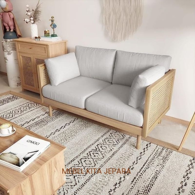 Jual Bangku Minimalis Kursi Sofa Kayu Jati Kombinasi Anyaman Rotan Model Japanese Style Shopee