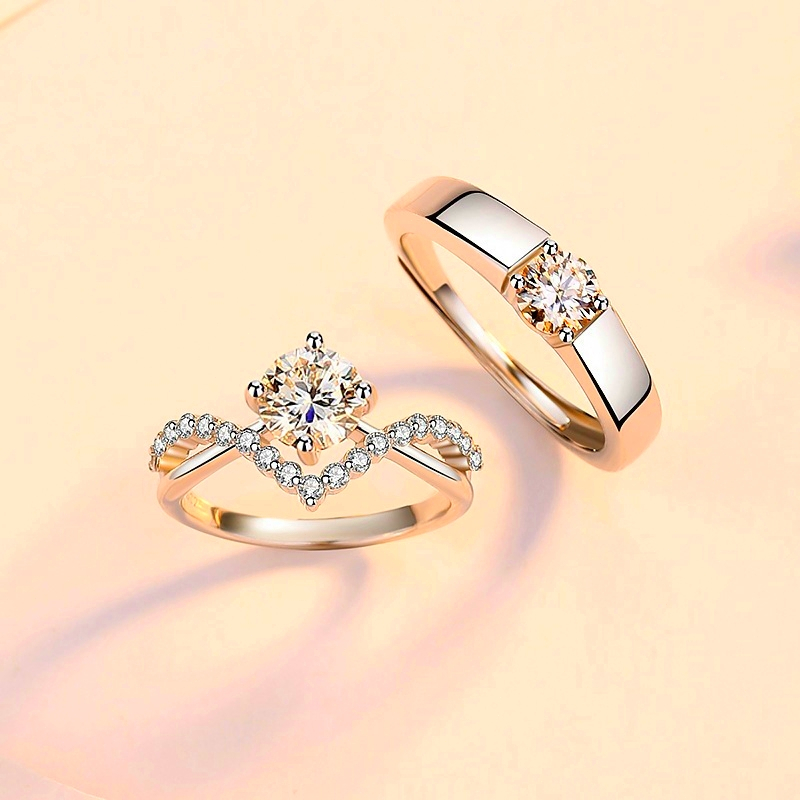 Cincin Couple Perak Asli Nikah Emas Putih Adjustable Pasangan Nikah Lamaran Cincin Moissanite Sertifikat GRA Cincin Couple Titanium