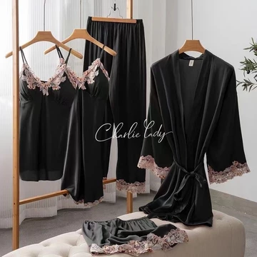 Piyama Set Baju Tidur Wanita BS 7799 Kimono 5 In1 Sexy Baju Rumah Sleepwear Satin Premium Mimon