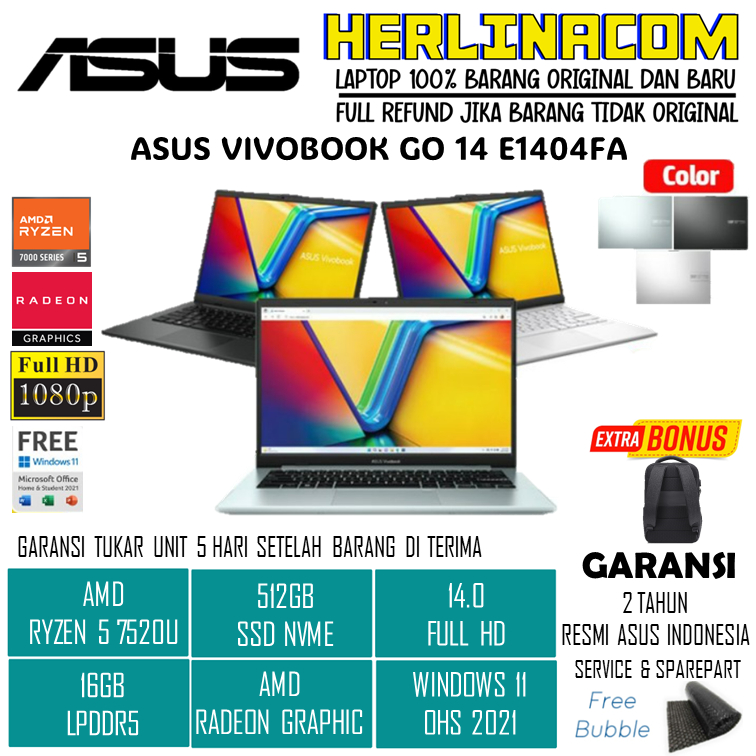 Jual Laptop Asus Vivobook Go 14 E1404fa Amd Ryzen 5 7520 16gb 512gb Ssd Windows 11 Ohs 140fhd 9041